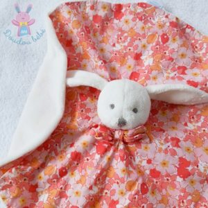 Doudou plat Lapin rond blanc rose saumon orange fleurs JACADI