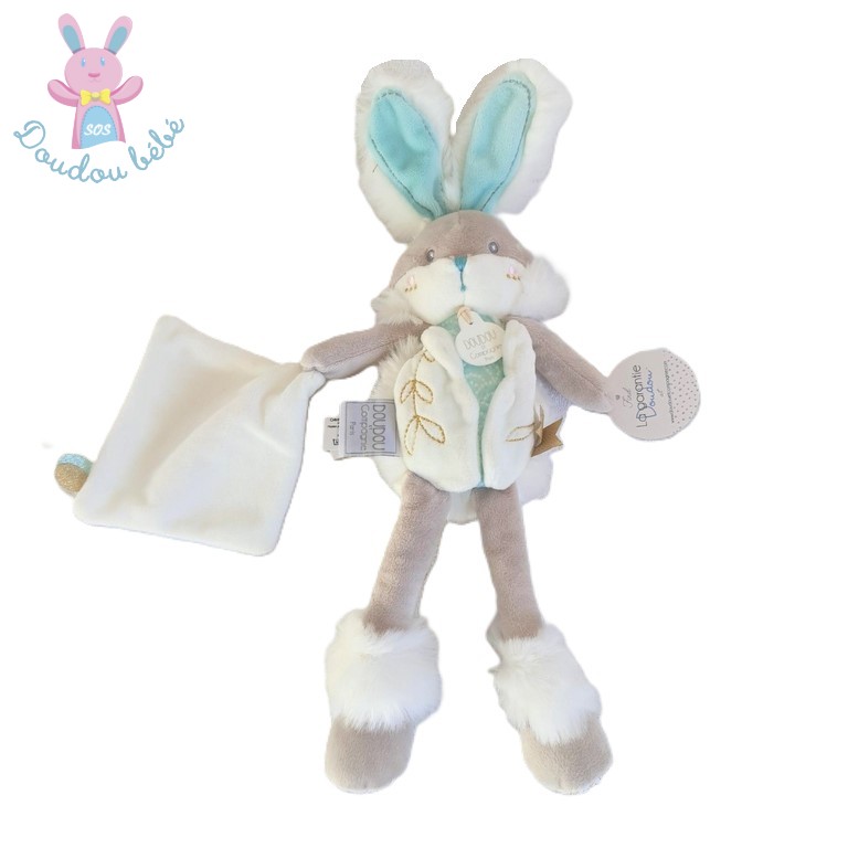 Lapin de sucre vert amande blanc mouchoir DOUDOU ET COMPAGNIE