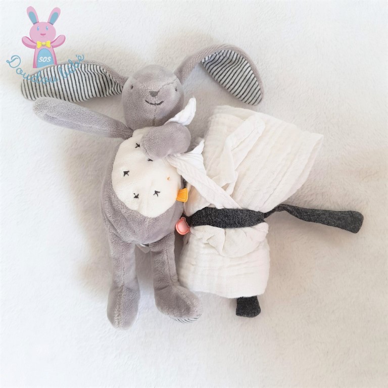 Doudou Lapin gris blanc couverture lange Gaby & Sam NOUKIE'S