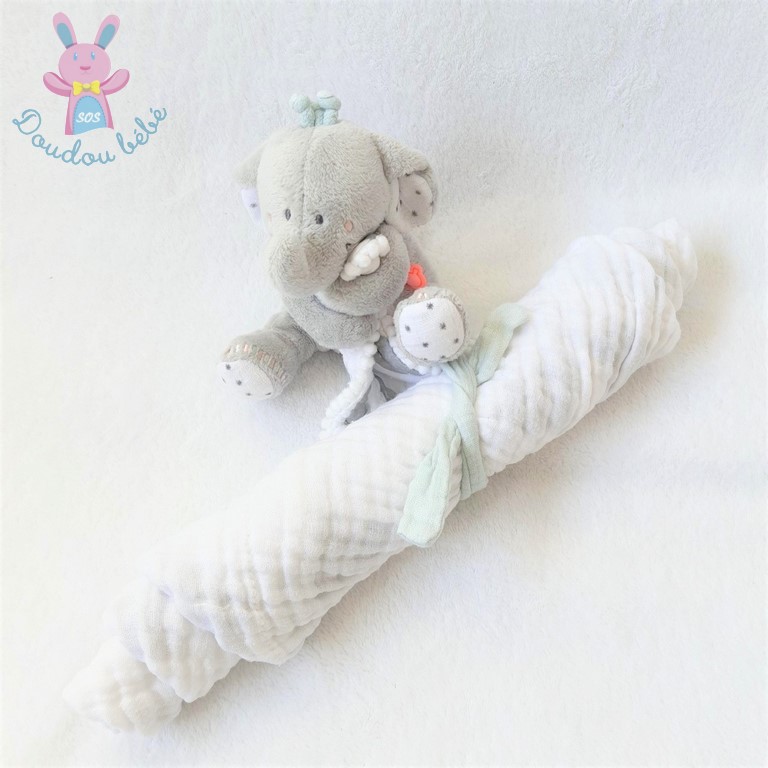 Doudou Noukies Gaby Le Lapin Plat Blanc et Gris Mini Musical NOUKIES 9463