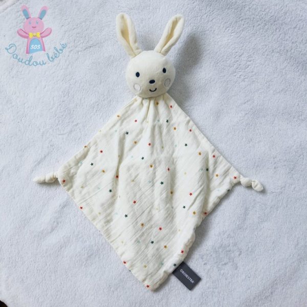 Doudou plat Lapin lange blanc étoiles colorées ORCHESTRA