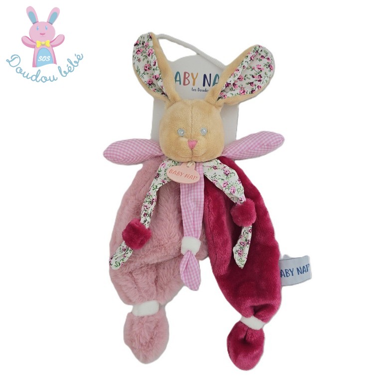 Doudou Lapin Poupi rose framboise beige fleurs BABY NAT