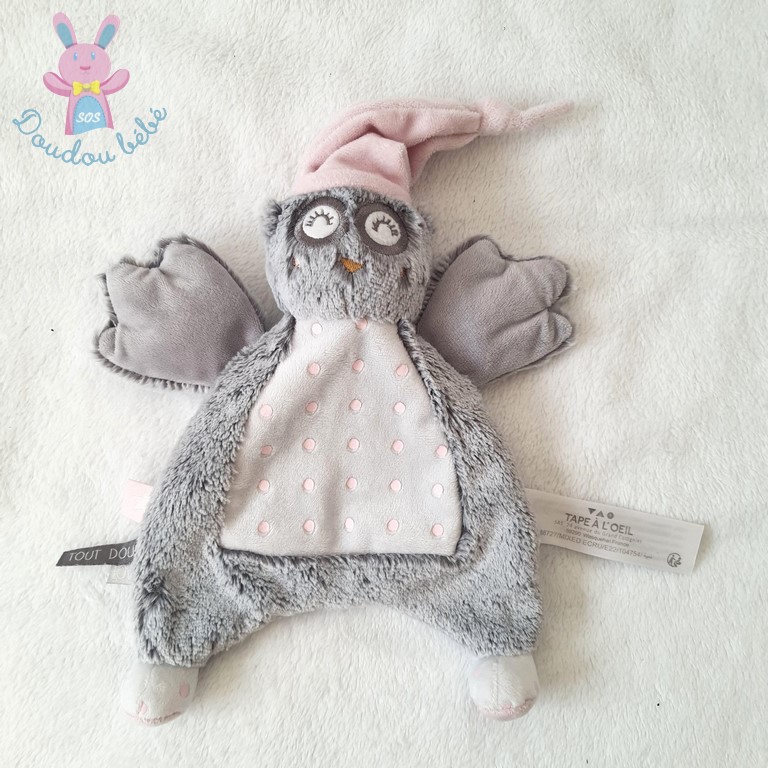 Doudou plat Chouette gris blanc rose à pois TAPE A L'OEIL TAO