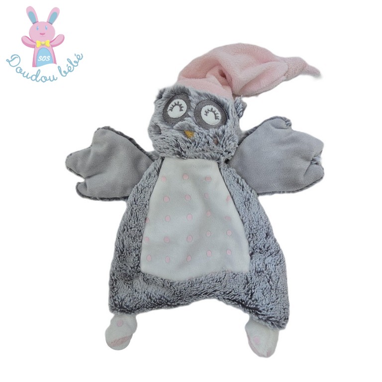 Doudou plat Chouette gris blanc rose à pois TAPE A L'OEIL TAO