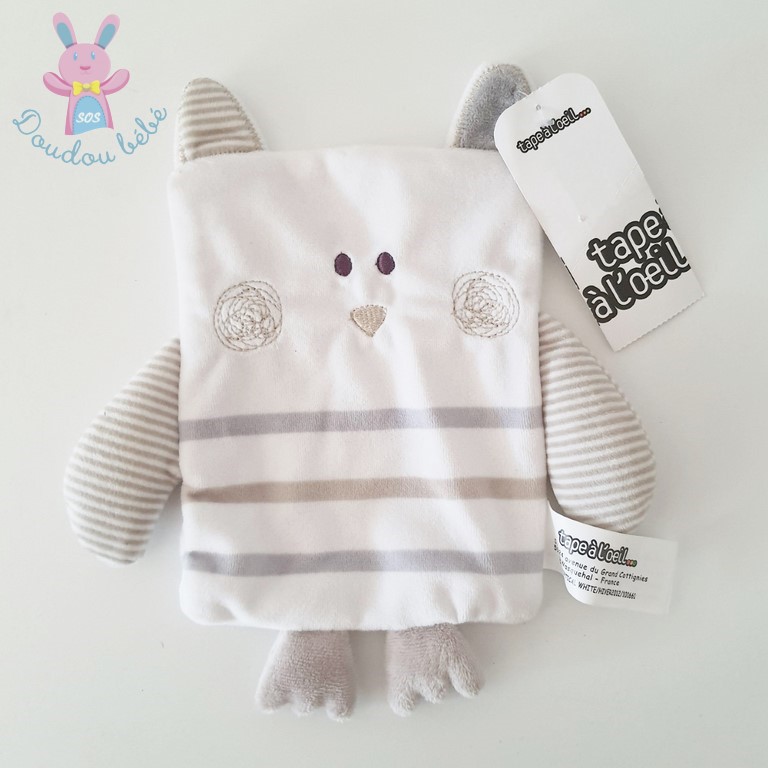 Doudou plat Hibou blanc gris beige rayé TAPE A L'OEIL TAO