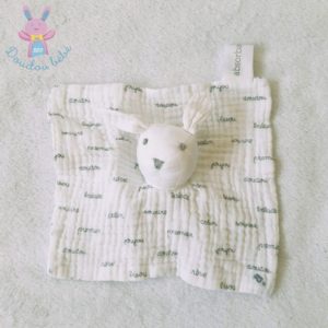 Doudou plat Lapin tissu blanc brodé gris bisou ABSORBA