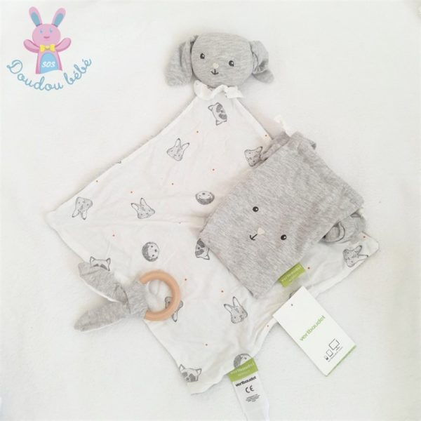 Doudou plat Lapin lange blanc gris + anneau + sac VERTBAUDET