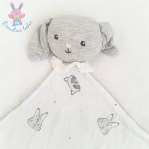 Doudou plat Lapin lange blanc gris + anneau + sac VERTBAUDET