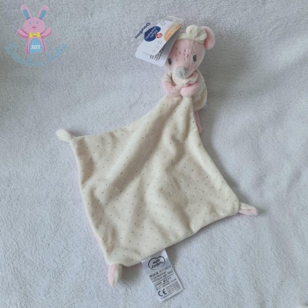 Doudou Souris rose blanc mouchoir pois or MOTS D'ENFANTS