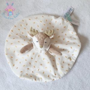 Doudou plat Biche Faon rond blanc beige étoiles OBAIBI OKAIDI