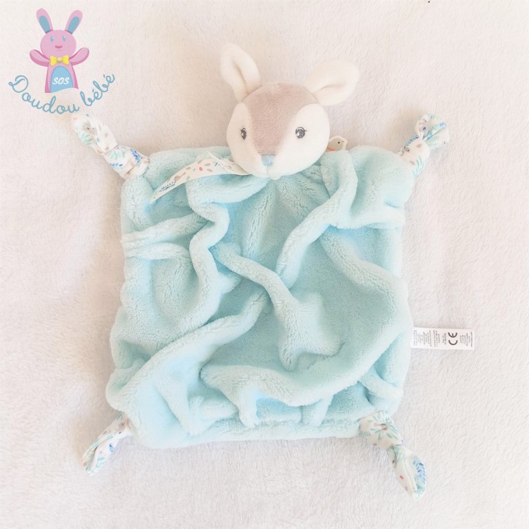 Doudou plat Biche Faon gris vert d'eau plume KALOO