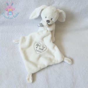 Doudou Lapin blanc coeurs gris mouchoir « Mon petit coeur » POMMETTE