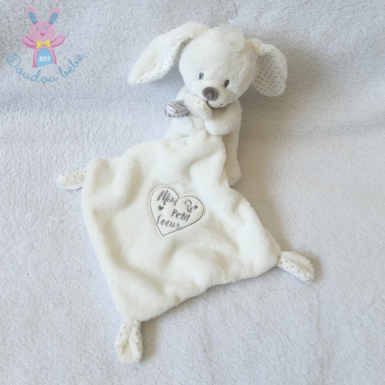 Doudou Lapin blanc et coeurs gris mouchoir "Mon petit coeur" POMMETTE