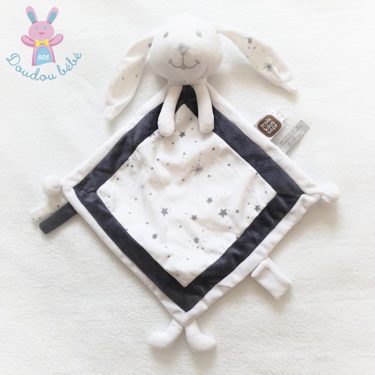 Doudou Lapin plat blanc gris étoiles TROIS KILOS SEPT