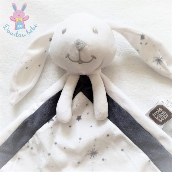 Doudou Lapin plat blanc gris étoiles TROIS KILOS SEPT