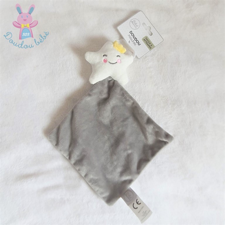 Doudou plat étoile mouchoir blanc gris couronne Bébé Douceur