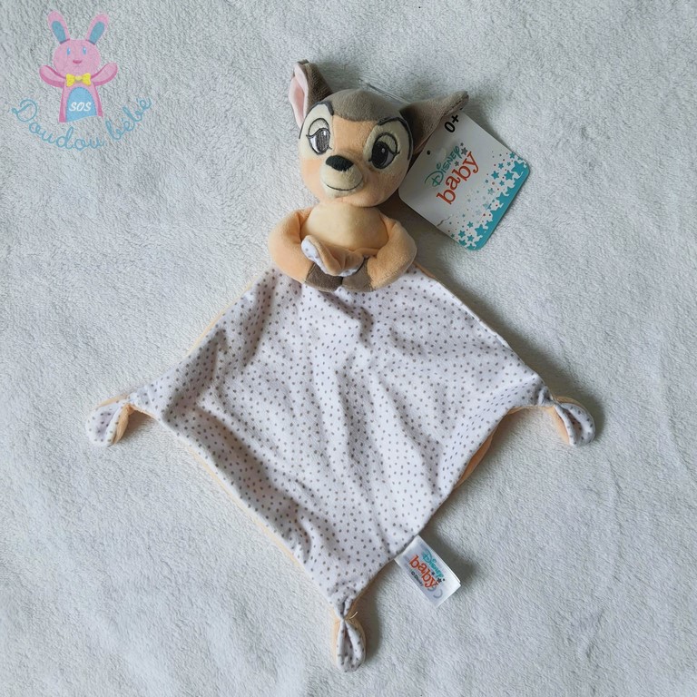 Doudou plat Faon Bambi beige blanc à pois gris DISNEY