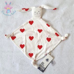 Doudou plat Lapin tissu blanc rouge cœurs PETIT BATEAU