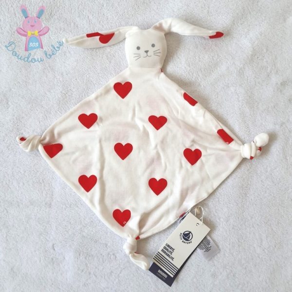 Doudou plat Lapin tissu blanc rouge cœurs PETIT BATEAU