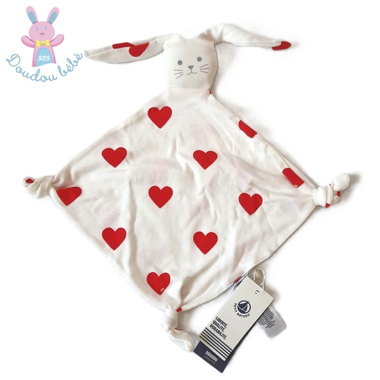 Doudou plat Lapin tissu blanc rouge cœurs PETIT BATEAU