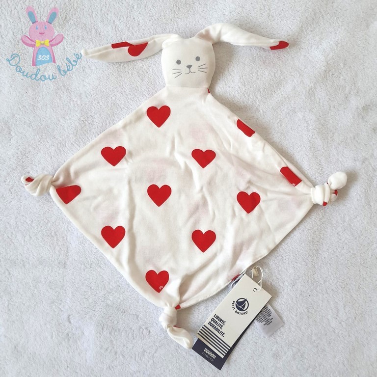 Doudou plat Lapin tissu blanc rouge cœurs PETIT BATEAU