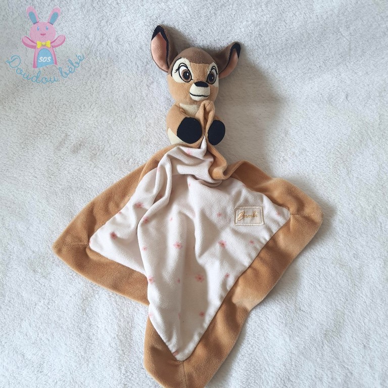 Doudou plat Bambi biche faon beige marron fleurs DISNEY