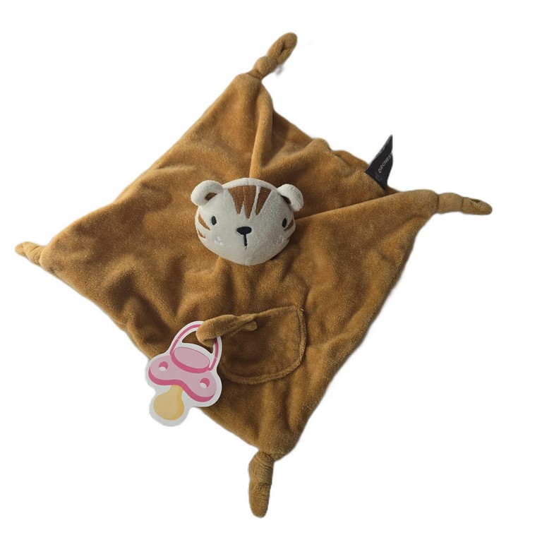 Doudou plat Tigre Lion beige moutarde blanc poche attache tétine ORCHESTRA
