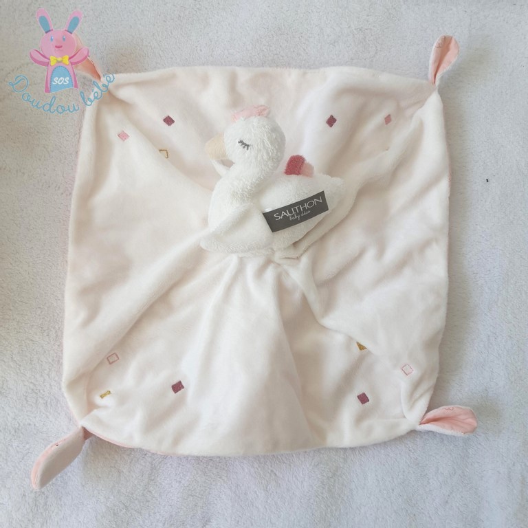 Doudou plat Cygne Swan blanc et rose SAUTHON