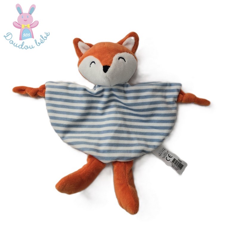 Doudou plat Renard orange blanc rayé bleu TOM & KIDDY