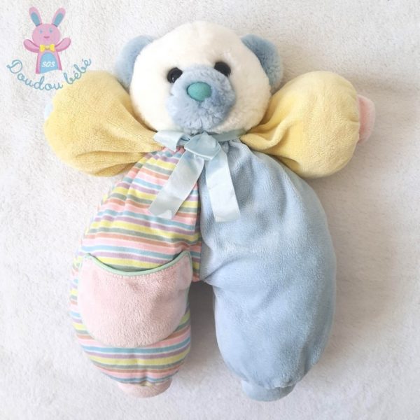 Doudou OURS blanc bleu jaune rose et rayé Vintage CARREFOUR