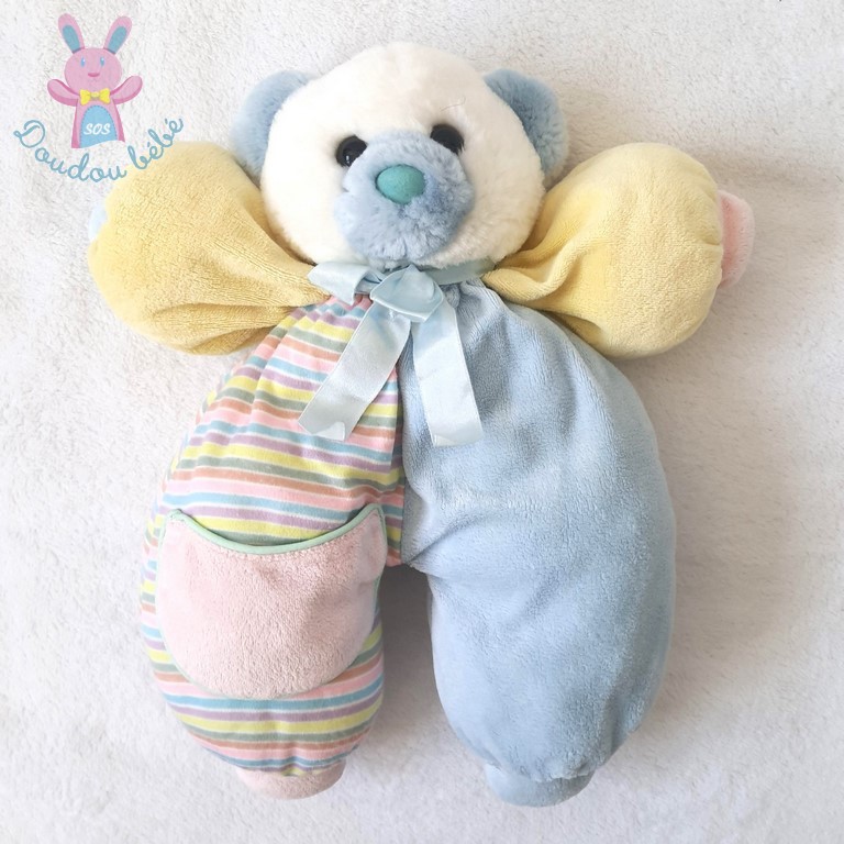 Doudou OURS blanc bleu jaune rose et rayé Vintage CARREFOUR