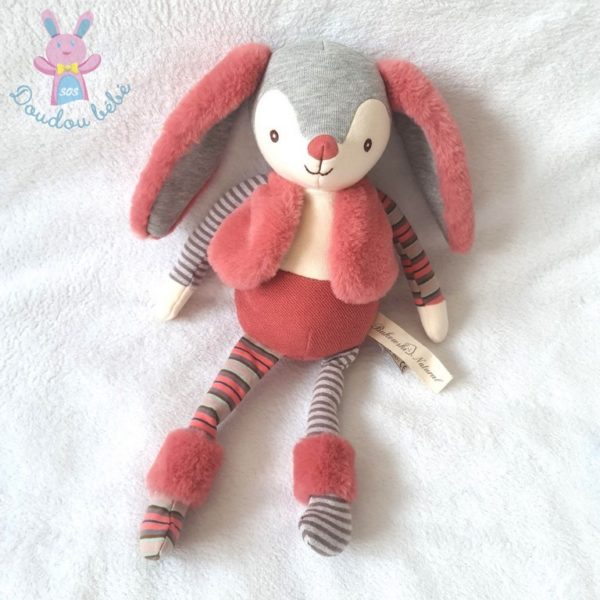 Doudou Lapin Natural rose gris blanc gilet BUKOWSKI