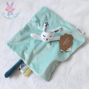 Doudou plat Lapin blanc bleu vert OSTARIA LES MINIS