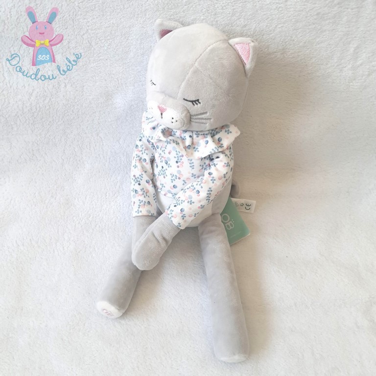 Doudou Chat gris blanc pull fleurs rose bleu OBAIBI OKAIDI