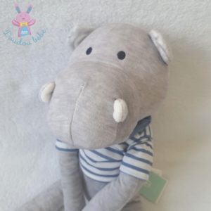 Doudou Hippopotame gris T-shirt rayé bleu blanc OBAIBI OKAIDI