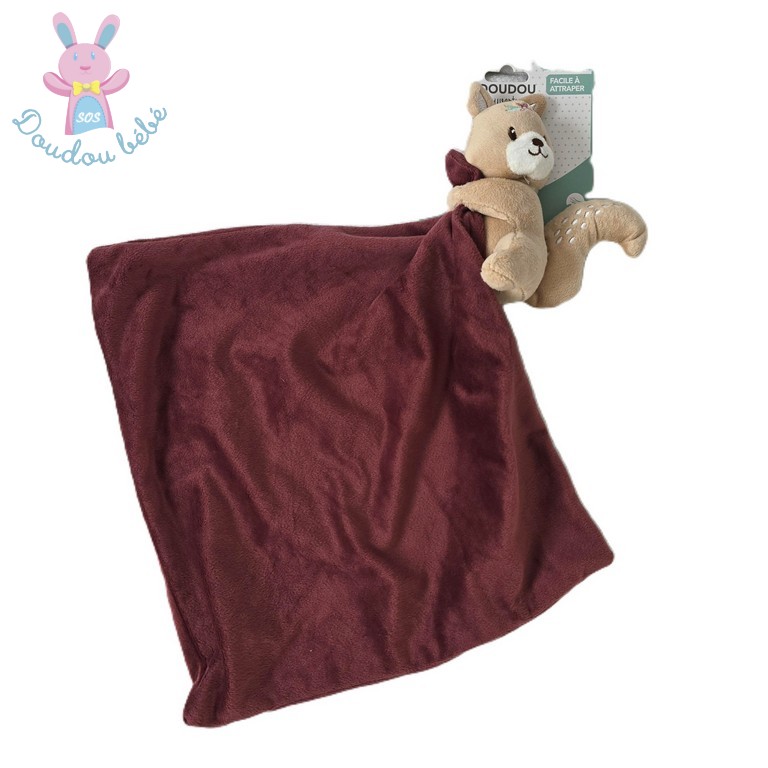 Doudou écureuil beige blanc mouchoir bordeaux Bébé Douceur