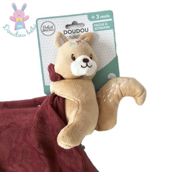 Doudou écureuil beige blanc mouchoir bordeaux Bébé Douceur