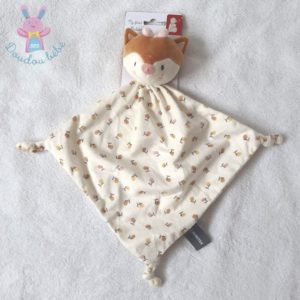 Doudou plat Renard blanc beige marron fleurs roses ORCHESTRA