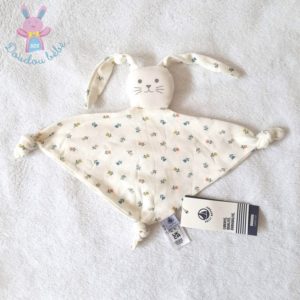 Doudou plat Lapin tissu lange blanc écru fleurs PETIT BATEAU