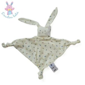 Doudou plat Lapin tissu lange blanc écru fleurs PETIT BATEAU