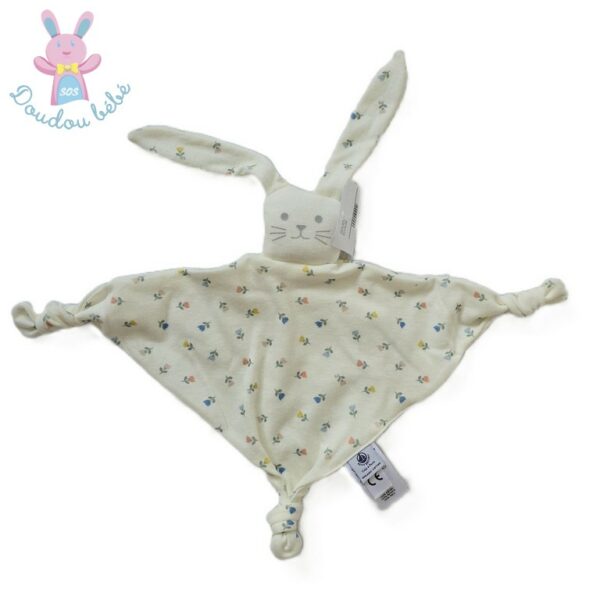 Doudou plat Lapin tissu lange blanc écru fleurs PETIT BATEAU