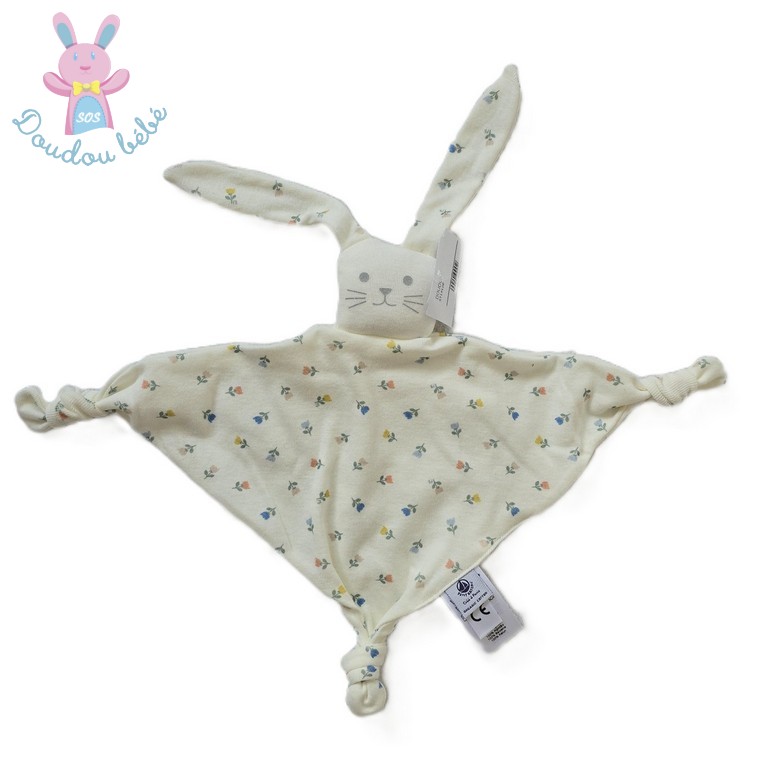 Doudou plat Lapin tissu lange blanc écru fleurs PETIT BATEAU
