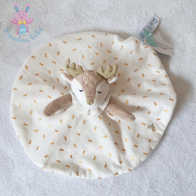 Doudou plat Biche Faon Renne blanc beige nœud doré OBAIBI