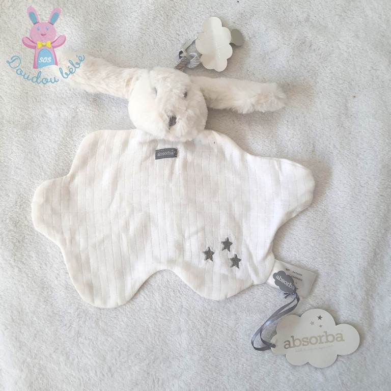 Doudou plat Lapin blanc gris étoiles ABSORBA