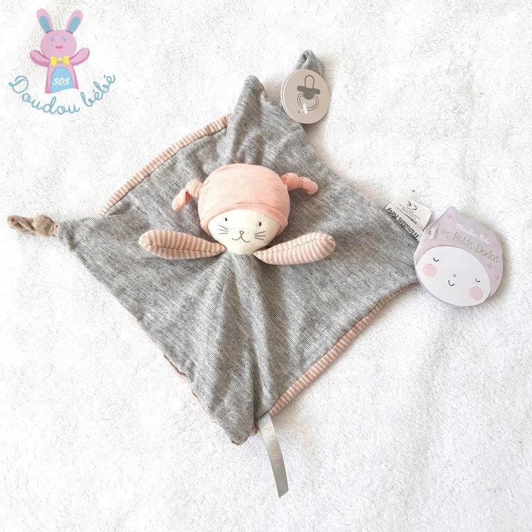 Doudou plat Chat Moon gris rose Les Petits Dodos MOULIN ROTY