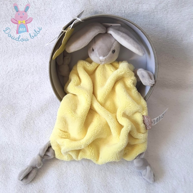 Doudou plat Lapin plume jaune gris blanc KALOO