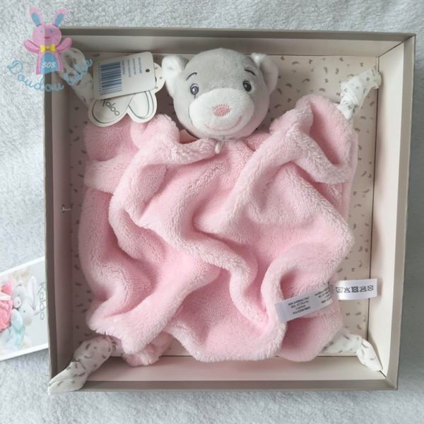 Doudou plat Ours plume rose pâle gris attache tétine KALOO