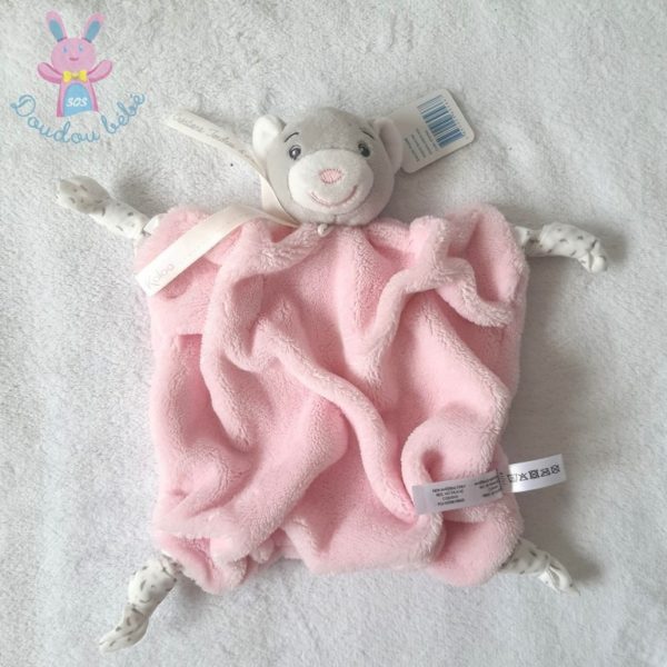 Doudou plat Ours plume rose pâle gris attache tétine KALOO