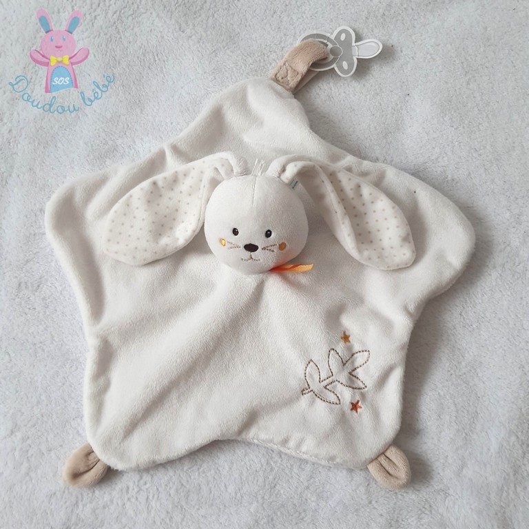 Doudou plat Lapin blanc beige pois étoiles SUCRE D'ORGE