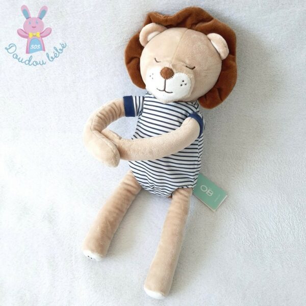 Doudou Lion beige marron combinaison rayé bleu marine blanc OBAIBI